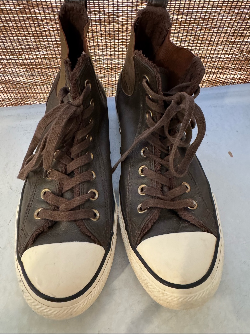 Chuck Taylor Leather Converse Brown High-Top Sneakers with White Toe Caps - Picture 2 of 10